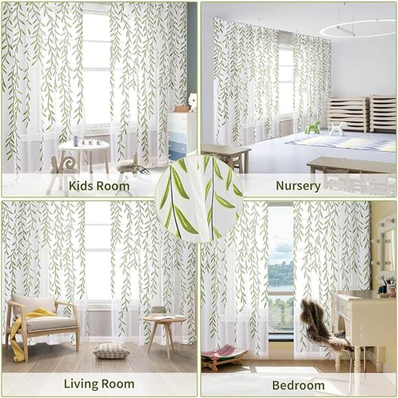 Set of 2 Green Sheer Curtains Printed Sheer Bedroom Curtains 2 Panels 78 inches - Picture 4 of 5